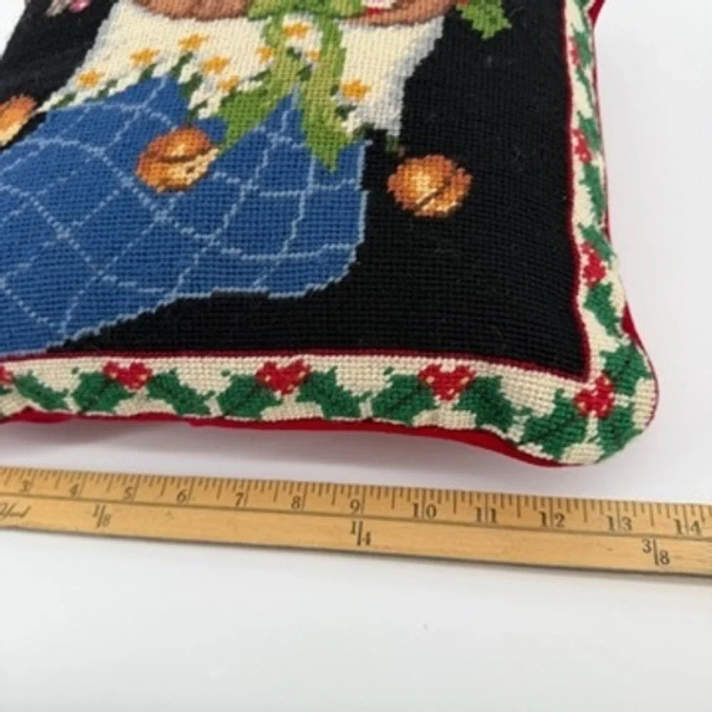 Vintage Needlepoint Christmas Pillow Teddy Bear in Stocking‎ Holiday Decor